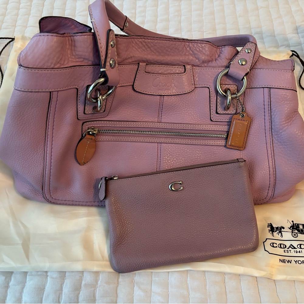Lavender Leather Coach Penelope shoulder bag with matching coin purse